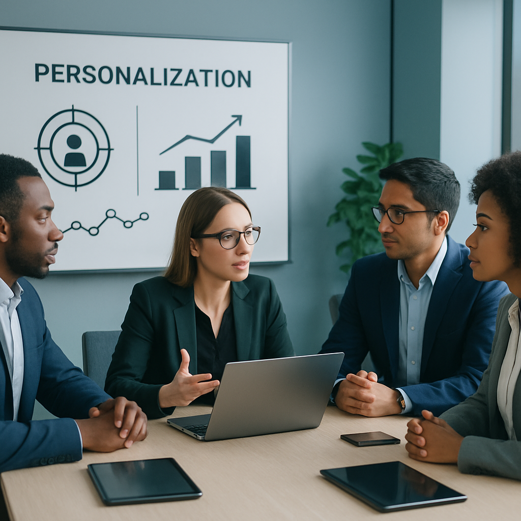 Business professionals discussing personalization strategies in a modern office