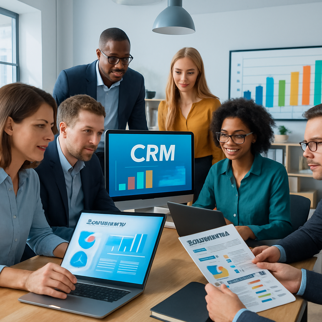 Professionals in a modern office collaboratively reviewing CRM options with charts and screens visible.