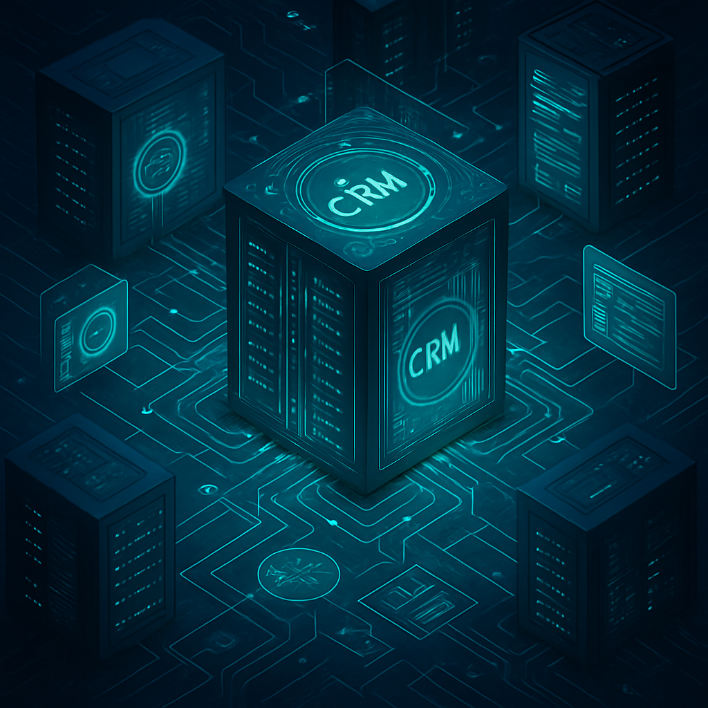 Futuristic server room symbolizing interconnected CRM systems with glowing servers and digital interfaces.