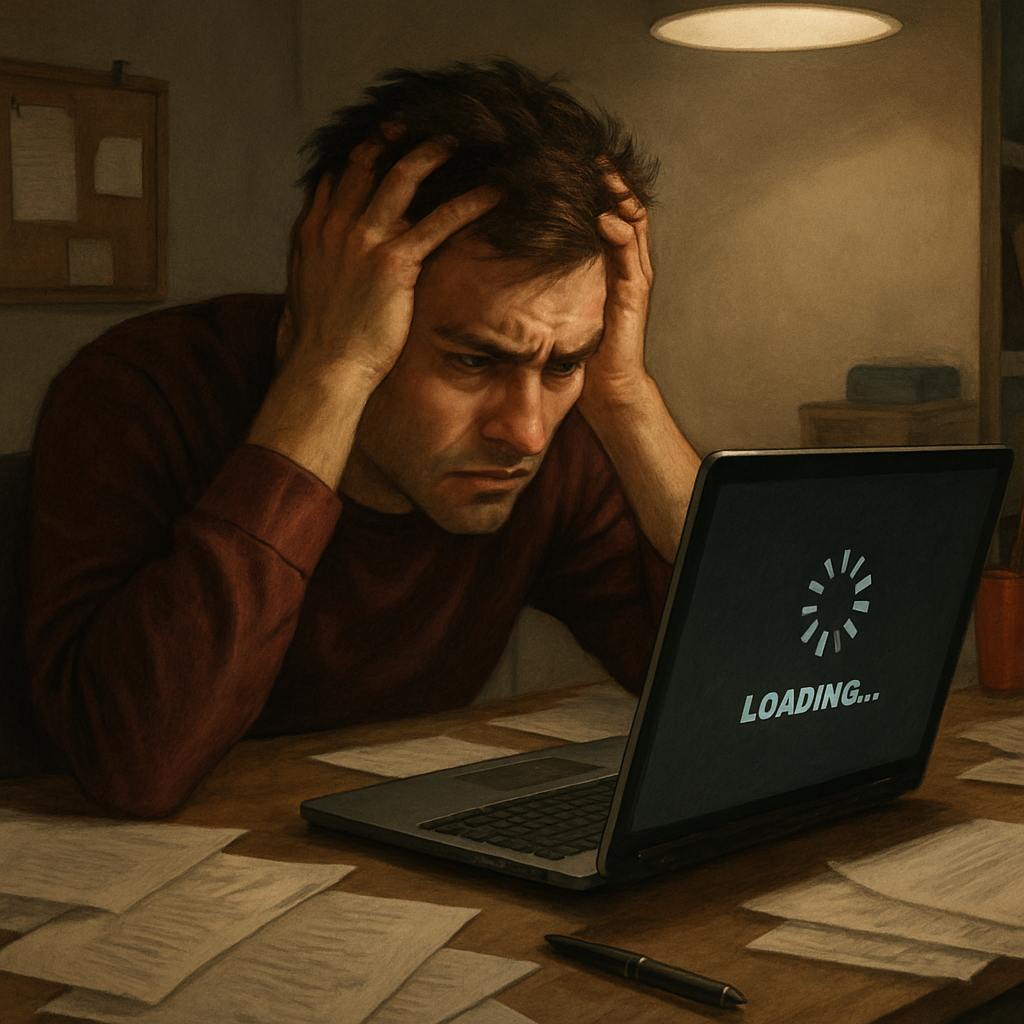 Frustrated website user in home office struggling with slow load