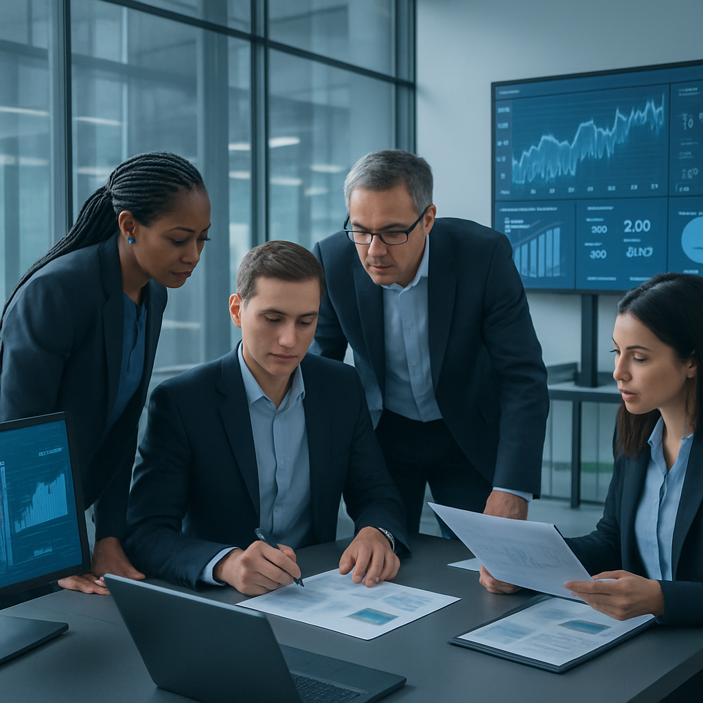 Business professionals collaborating in an office reviewing analytics