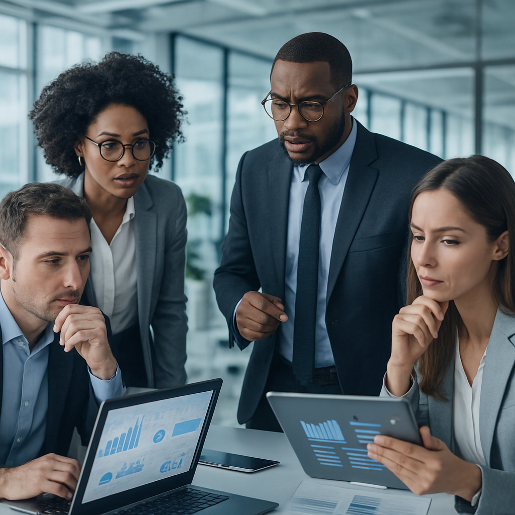 Business professionals engaging in a discussion around a modern office table